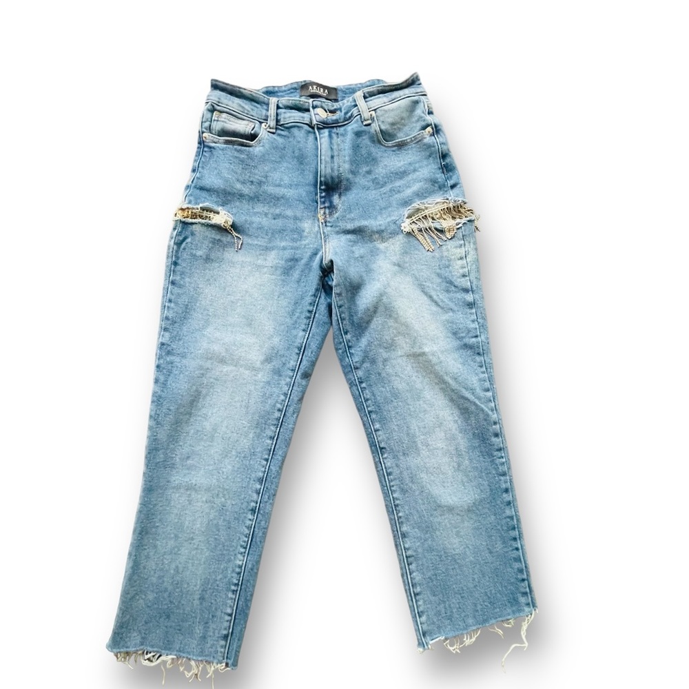Akira Med Wash Jeweled Cut-out Straight Leg Jeans Women's Size 26